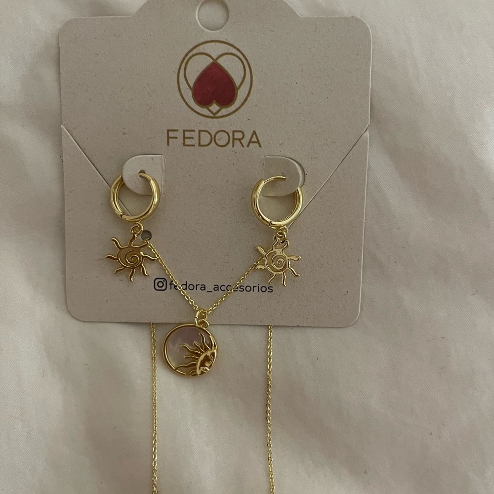 Gold Sun Charm Necklace and Earring Set